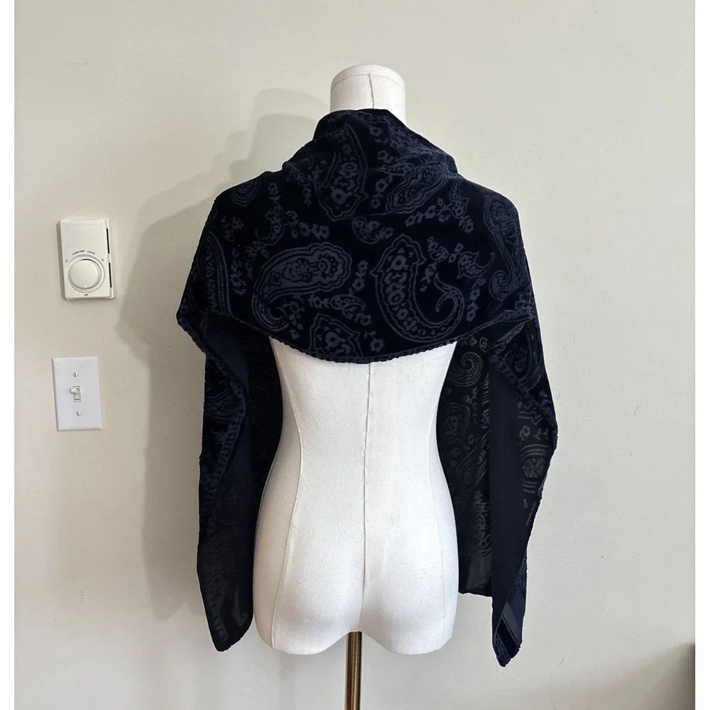 Vintage Whimsigoth Burnout Velvet Scarf Shawl SILK Midnight Cobalt Blue Witchy